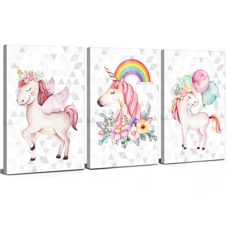 YOOOAHU Unicorn Wall Art Unicorn Bedroom Decor for Girls Colorful Rainbow Balloon Posters Nursery Room Painting Girly Pink Floral Canvas Pictures Artwork Kids Toddler Bathroom Home Decorations 12x16" 3 Pieces - Image 1